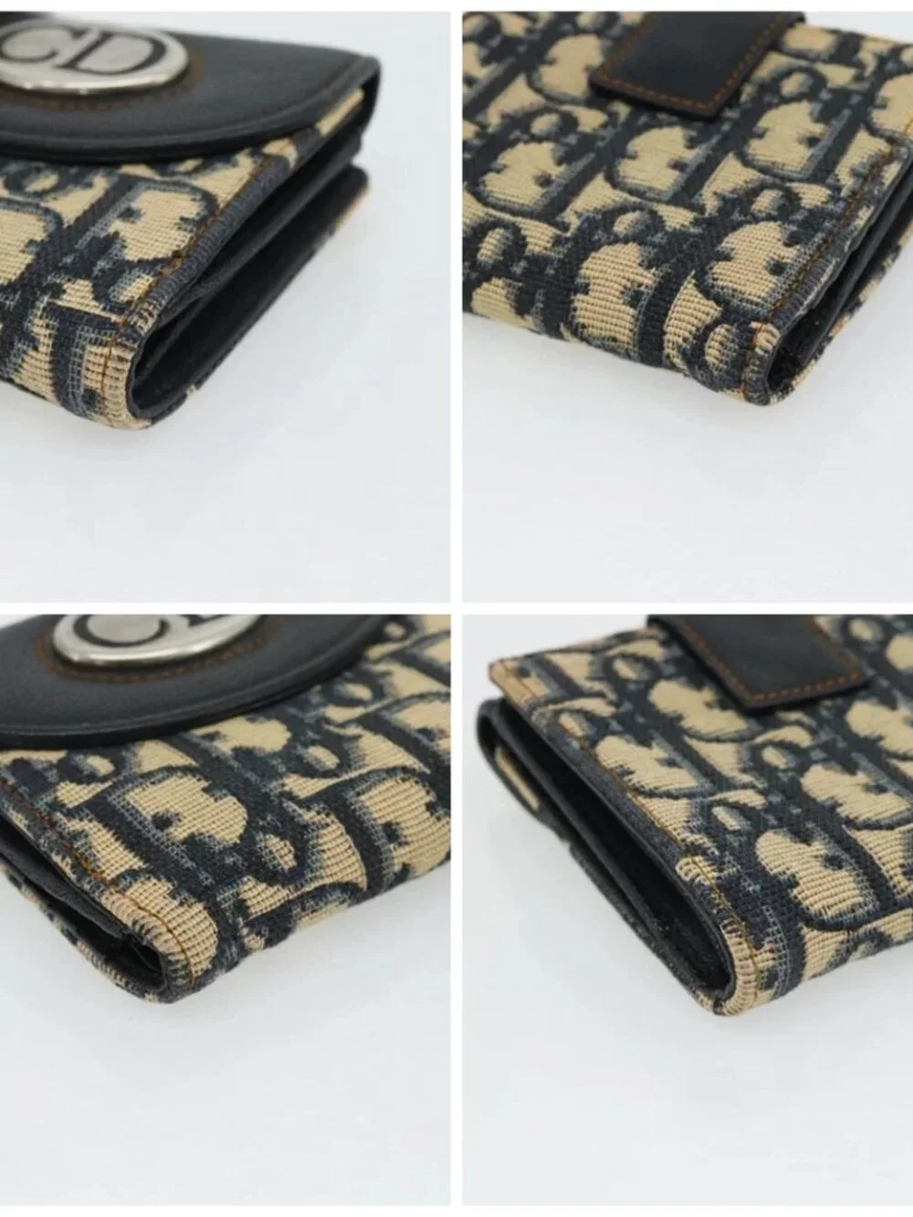 Christian Dior Trotter Canvas Compact Wallet Navy Silver Auth 181463A